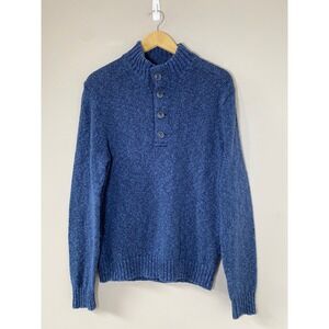 LL Bean Vintage Mens Blue Marled Cotton Quarter Button Pullover Sweater MEDIUM